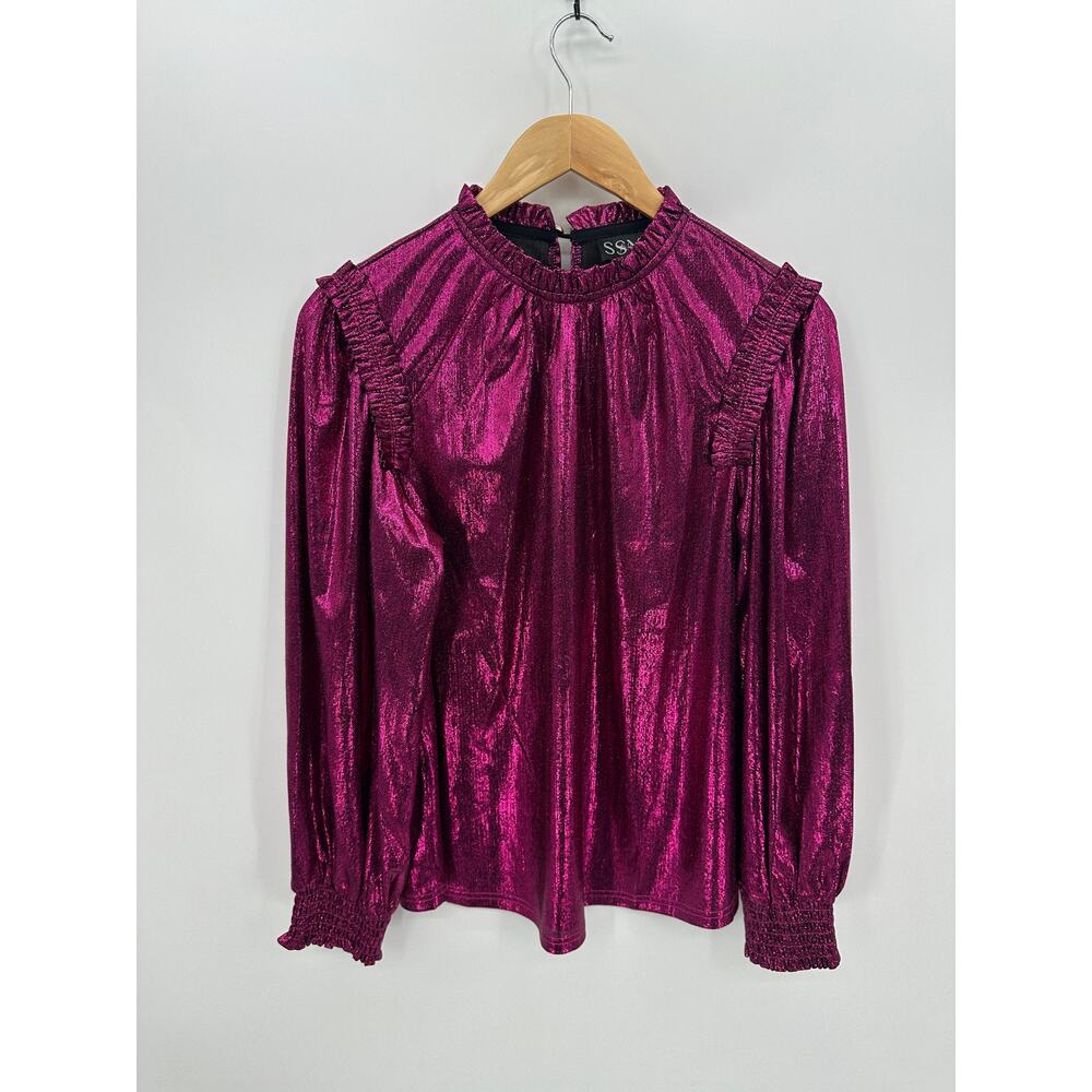 SSYS The Label The Noel Top Women Medium Metallic Pink High Neck Ruffle Blouse
